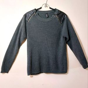 Gray Pullover Sweater with Leather and Zipper Shoulder Detail